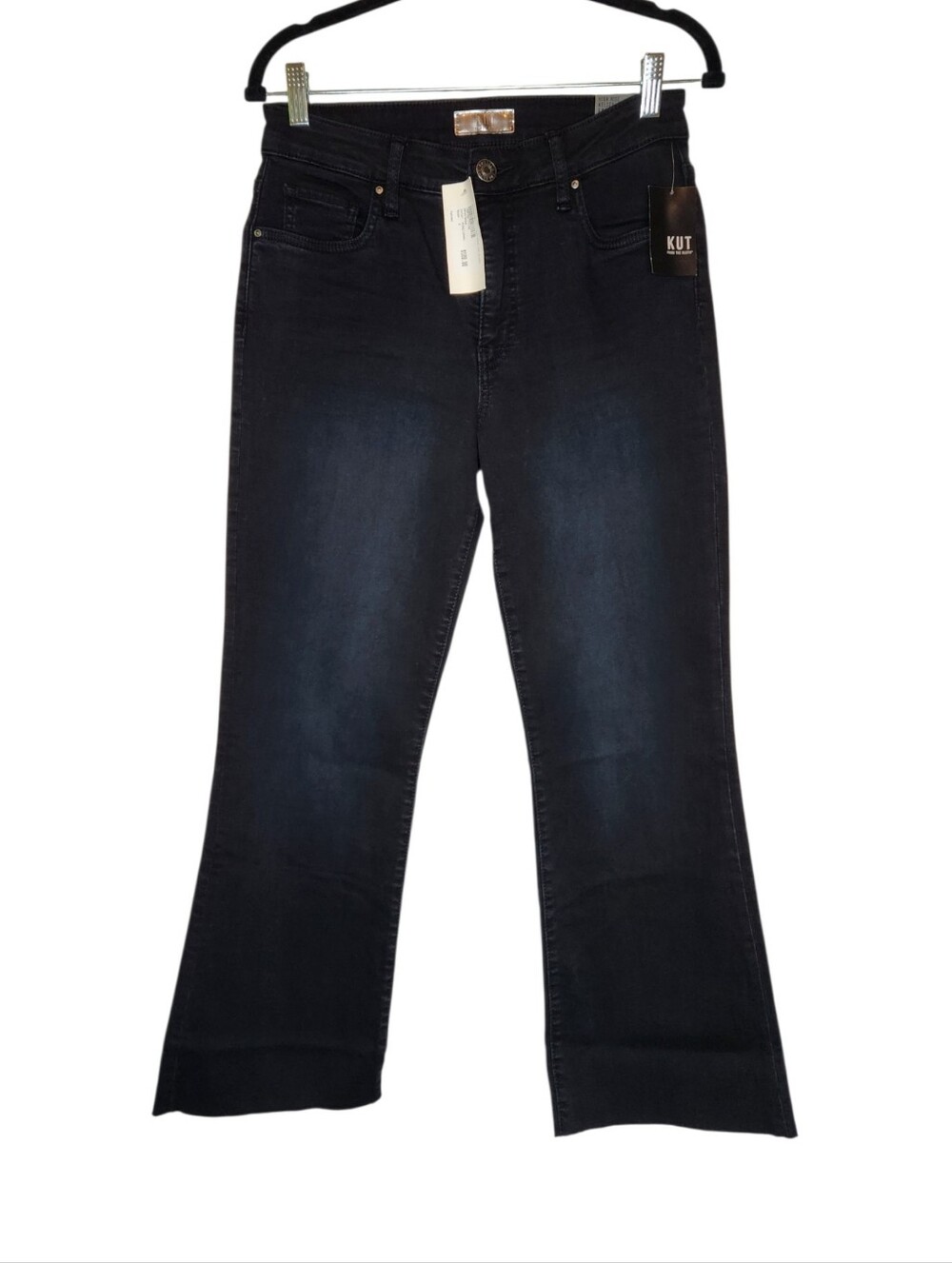 NEW Kut From The Kloth Kelsey Fab Ab Ankle Flare Raw Hem Jeans Black Size 4